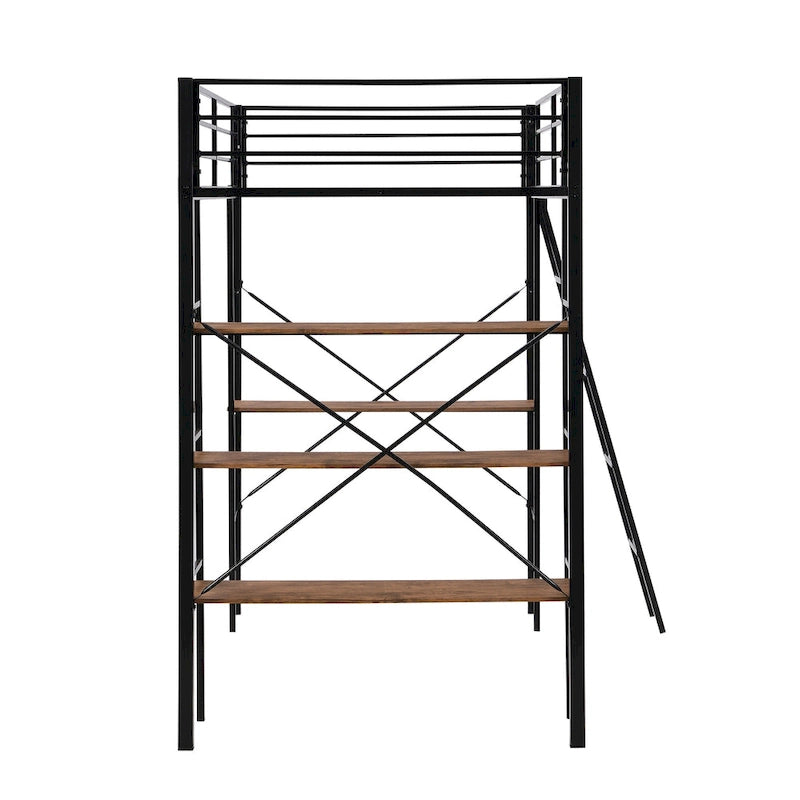 Twin Size Metal Loft Bed with Shelves and Desk for Kids