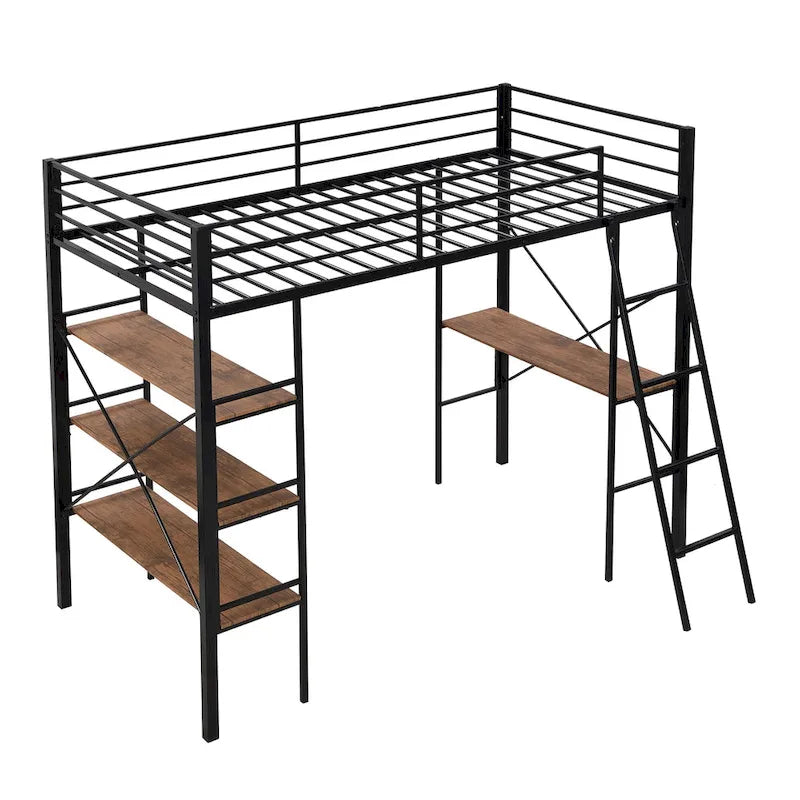 Twin Size Metal Loft Bed with Shelves and Desk for Kids