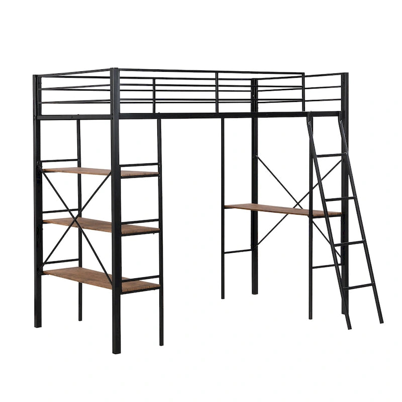 Twin Size Metal Loft Bed with Shelves and Desk for Kids