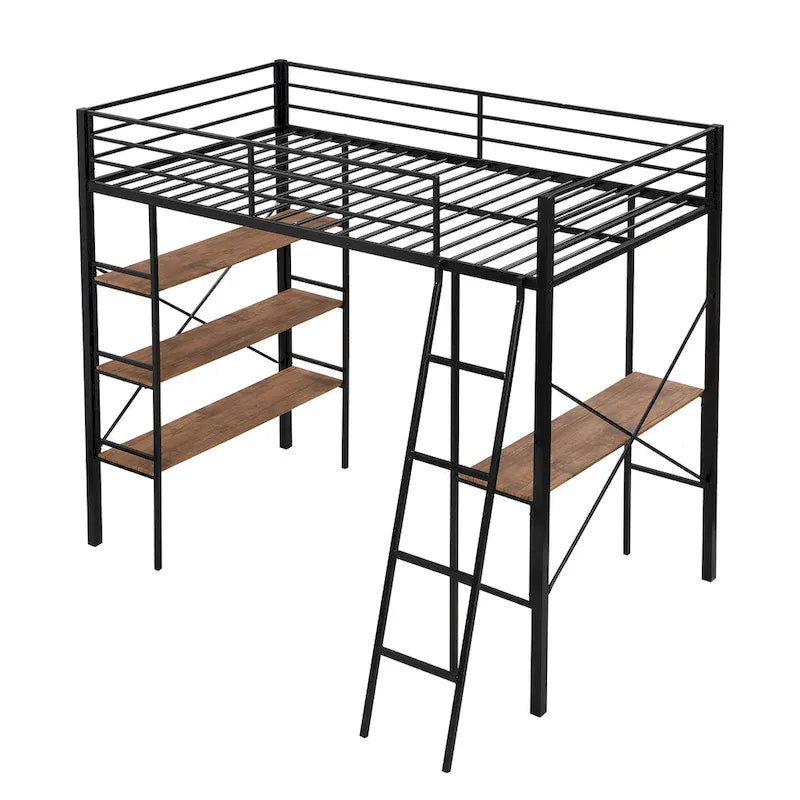 Twin Size Metal Loft Bed with Shelves and Desk for Kids