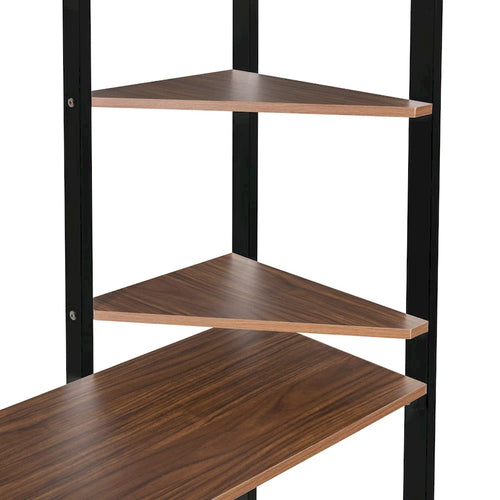 Black Twin Size Metal Loft Bed with Ladder, Fence, 2 Shelves and Desk for Bedroom