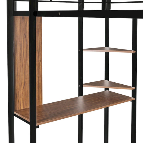 Black Twin Size Metal Loft Bed with Ladder, Fence, 2 Shelves and Desk for Bedroom