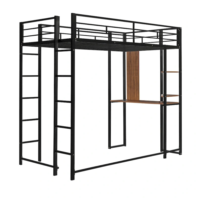Black Twin Size Metal Loft Bed with Ladder, Fence, 2 Shelves and Desk for Bedroom