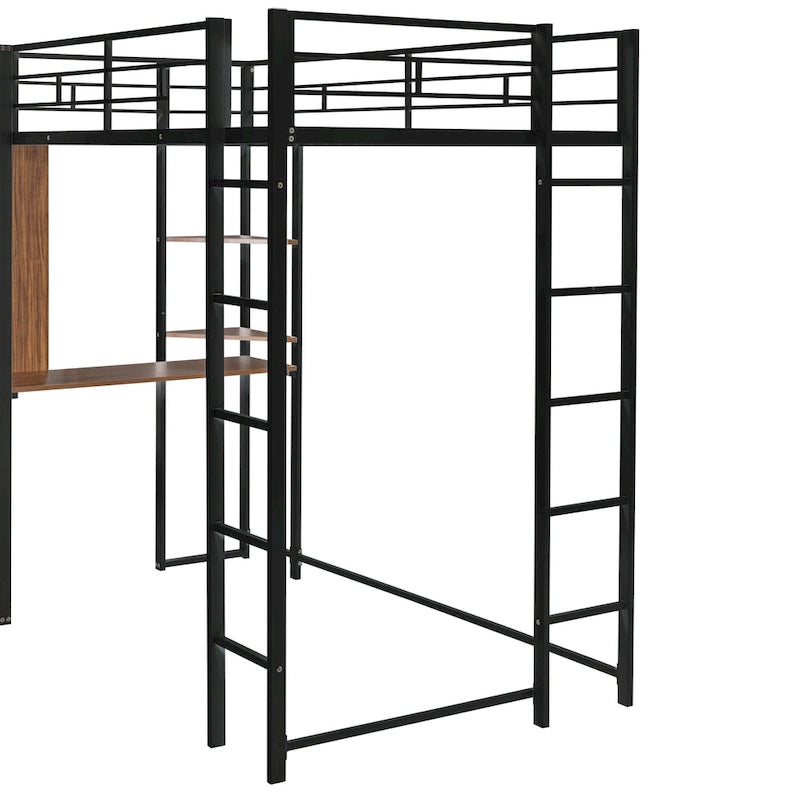 Black Twin Size Metal Loft Bed with Ladder, Fence, 2 Shelves and Desk for Bedroom