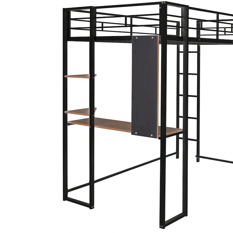 Black Twin Size Metal Loft Bed with Ladder, Fence, 2 Shelves and Desk for Bedroom