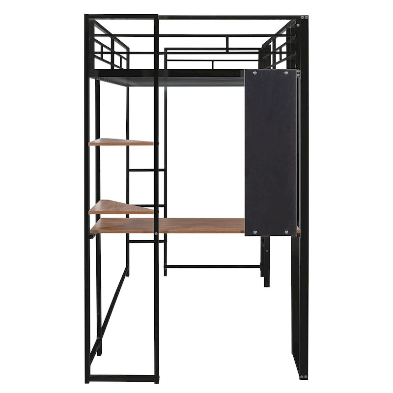 Black Twin Size Metal Loft Bed with Ladder, Fence, 2 Shelves and Desk for Bedroom