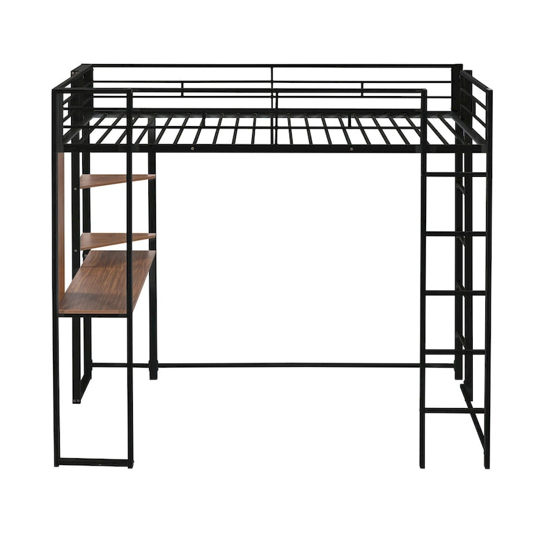 Black Twin Size Metal Loft Bed with Ladder, Fence, 2 Shelves and Desk for Bedroom