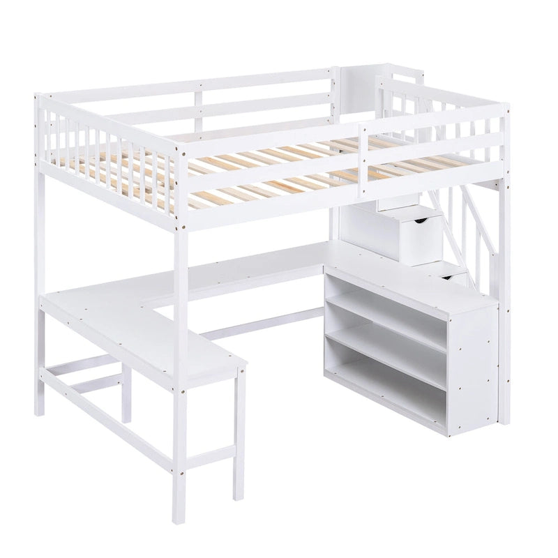 White Full Size Pine Wood Loft Bed with L-shaped Desk and Storage Staircase