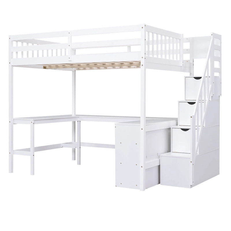 White Full Size Pine Wood Loft Bed with L-shaped Desk and Storage Staircase