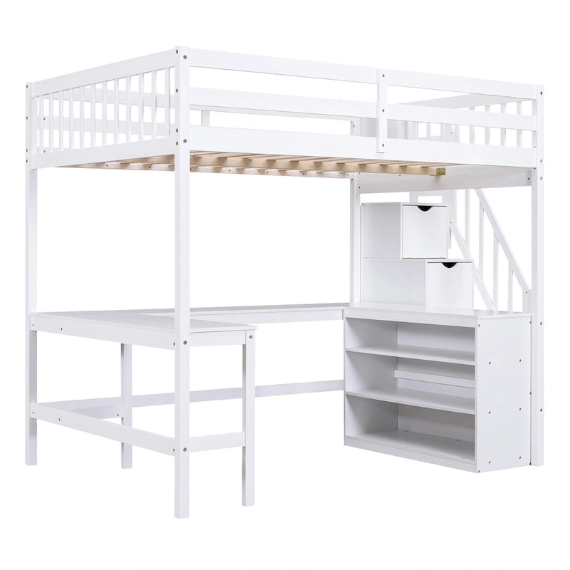 White Full Size Pine Wood Loft Bed with L-shaped Desk and Storage Staircase