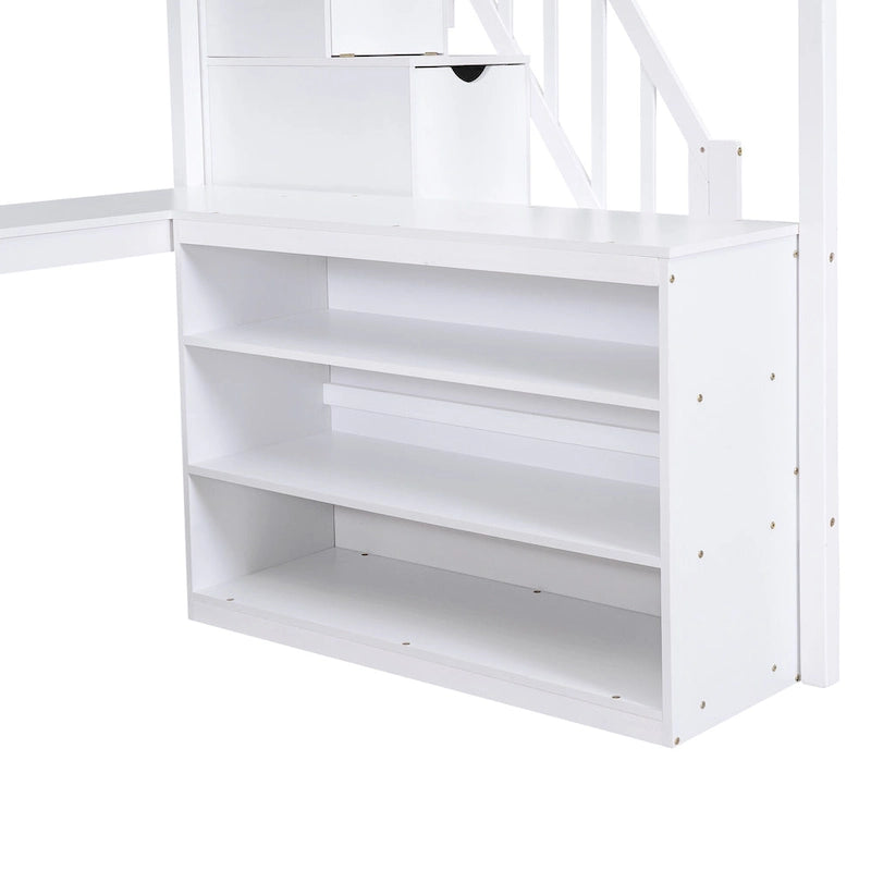 White Full Size Pine Wood Loft Bed with L-shaped Desk and Storage Staircase