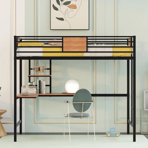 Black Twin Size Metal Loft Bed with Desk and Shelves for Kids
