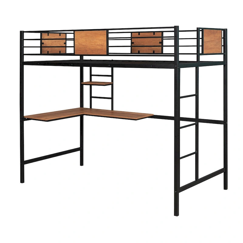 Black Twin Size Metal Loft Bed with Desk and Shelves for Kids