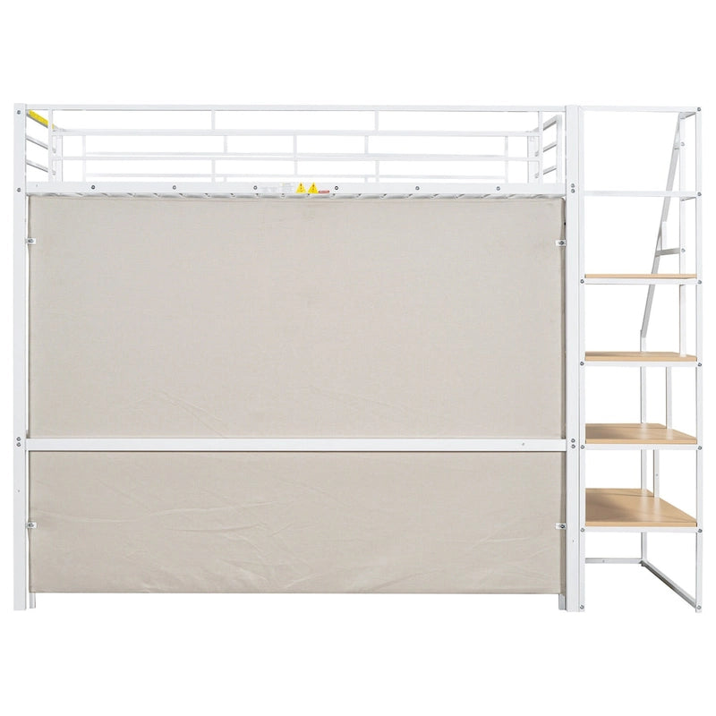 White Twin Size Metal Loft Bed with Wardrobe and Storage Shelves for Kids, Boys and Girls, Bedroom