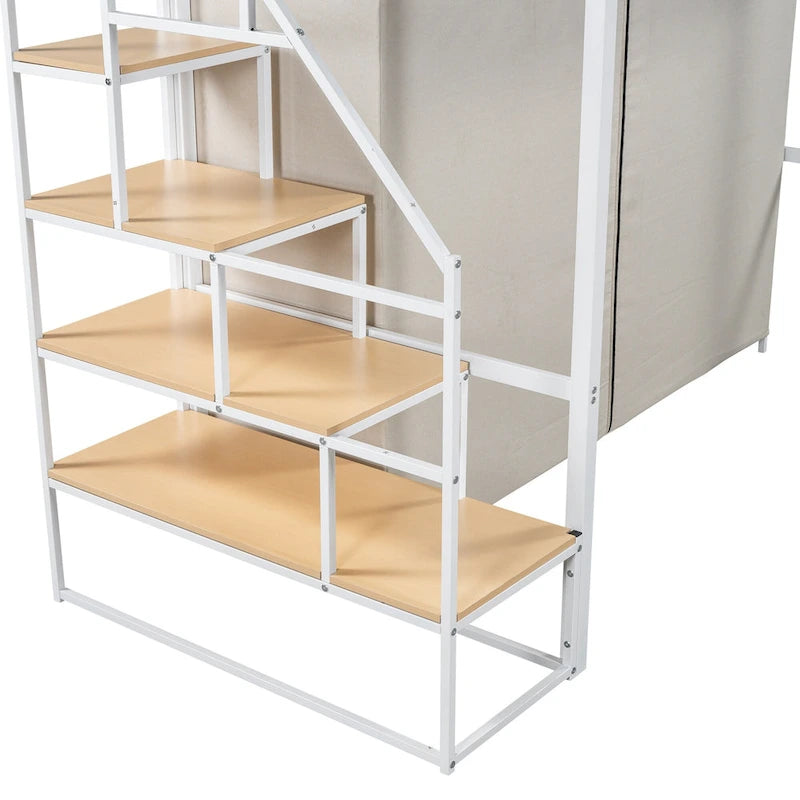 White Twin Size Metal Loft Bed with Wardrobe and Storage Shelves for Kids, Boys and Girls, Bedroom