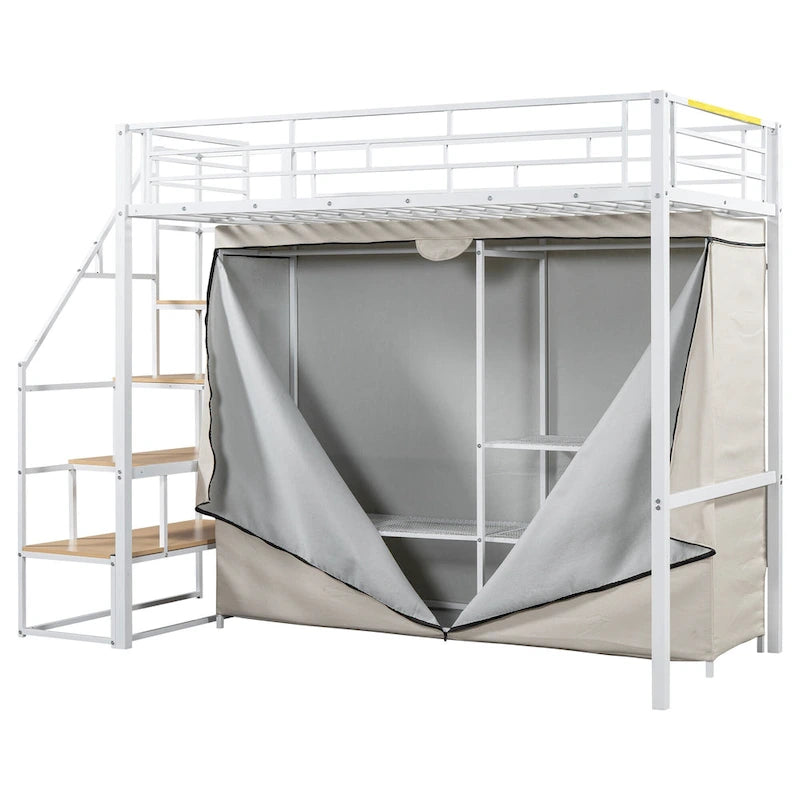 White Twin Size Metal Loft Bed with Wardrobe and Storage Shelves for Kids, Boys and Girls, Bedroom
