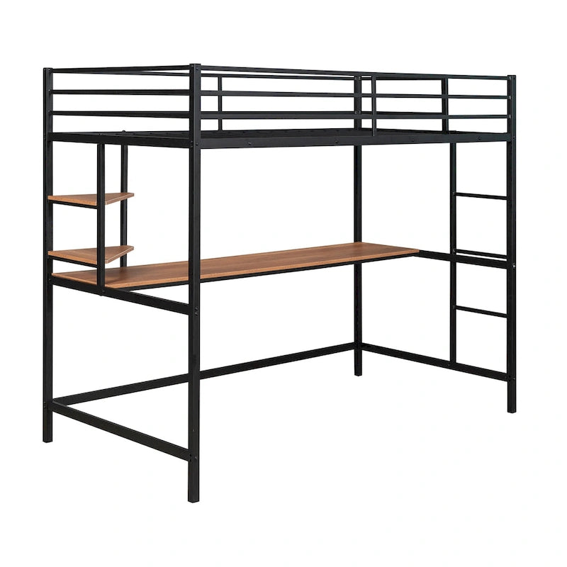 Black Twin Size Metal Loft Bed with Desk, Ladder, and Shelves for Kids