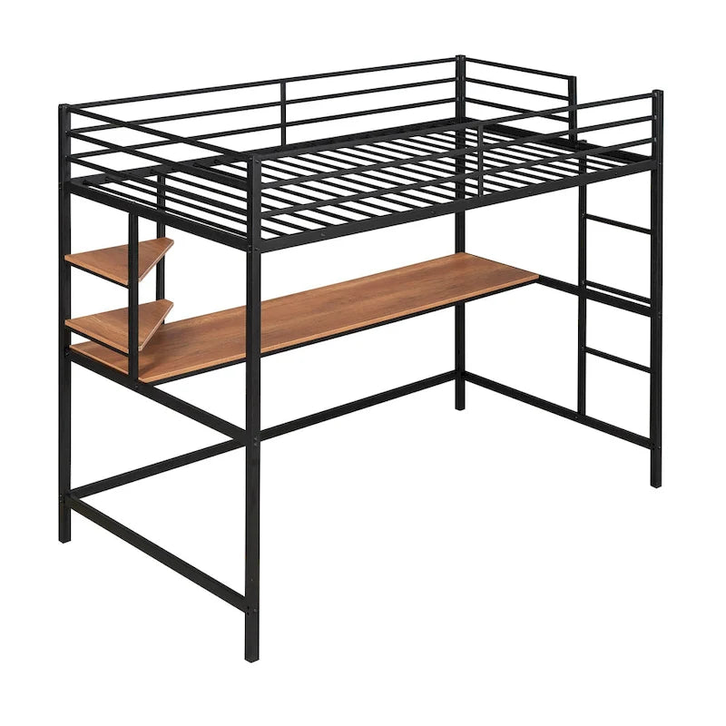 Black Twin Size Metal Loft Bed with Desk, Ladder, and Shelves for Kids