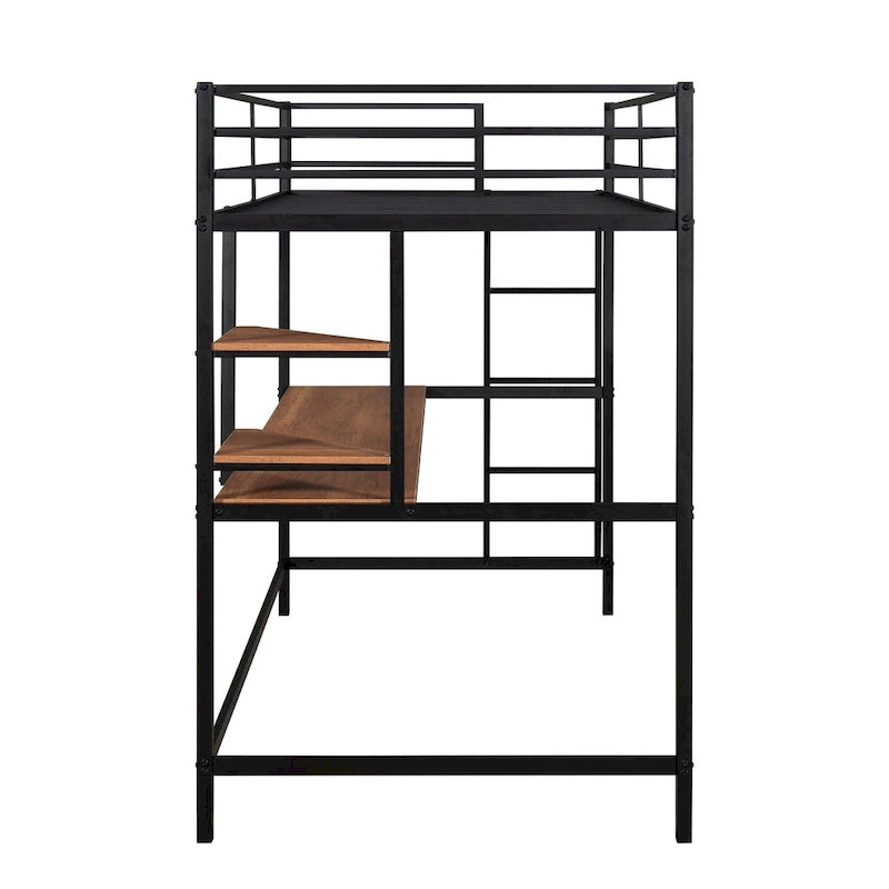 Black Twin Size Metal Loft Bed with Desk, Ladder, and Shelves for Kids
