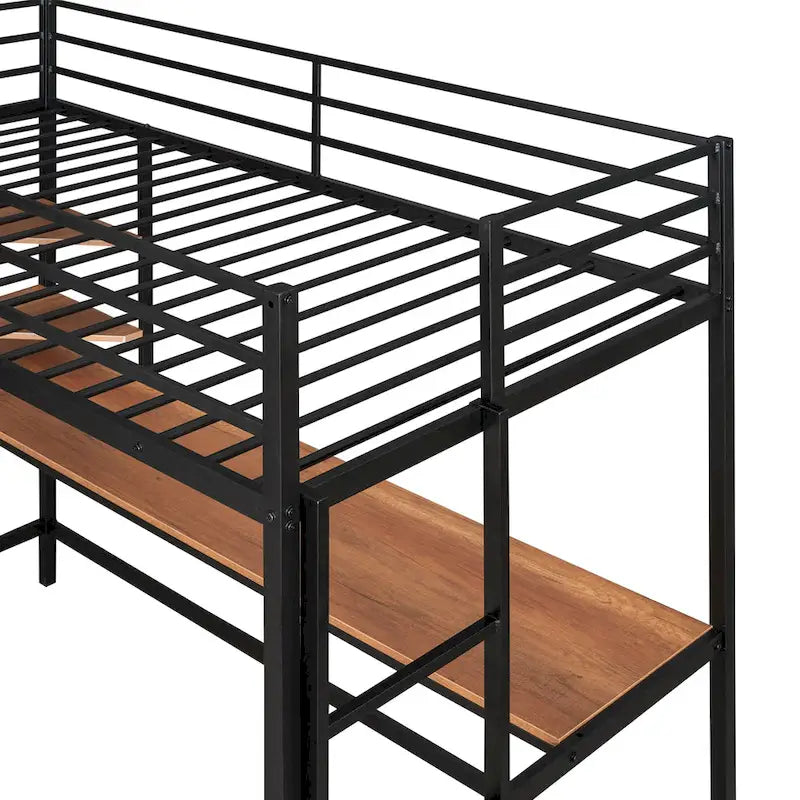 Black Twin Size Metal Loft Bed with Desk, Ladder, and Shelves for Kids