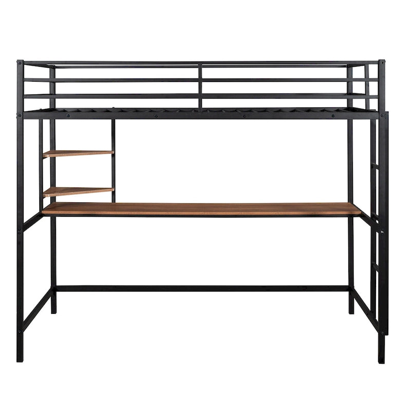 Black Twin Size Metal Loft Bed with Desk, Ladder, and Shelves for Kids
