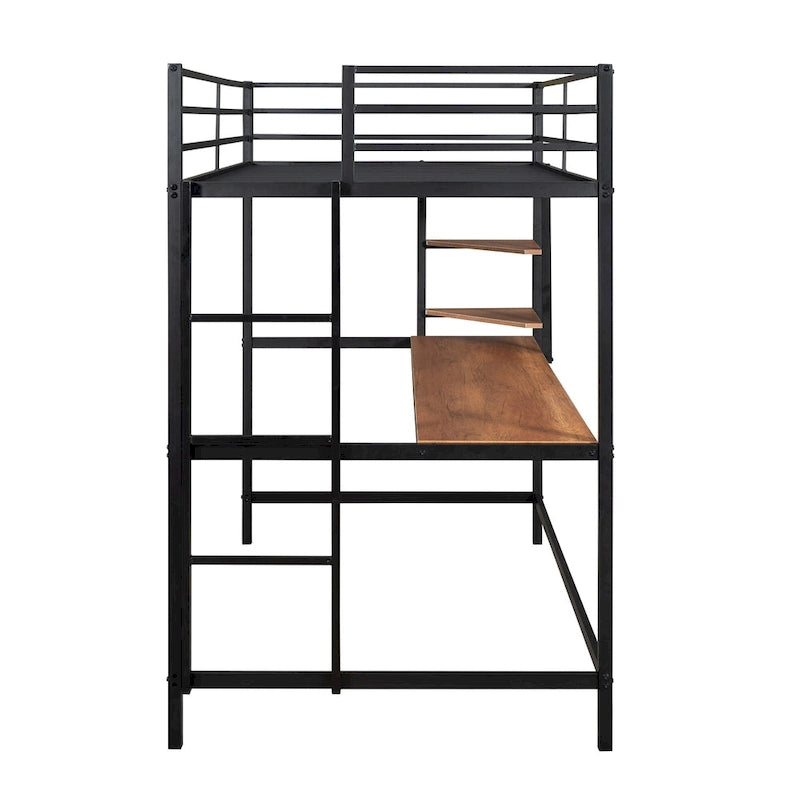 Black Twin Size Metal Loft Bed with Desk, Ladder, and Shelves for Kids