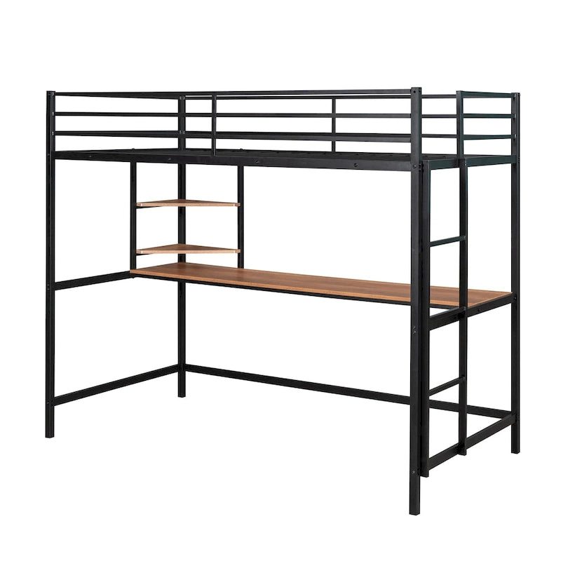 Black Twin Size Metal Loft Bed with Desk, Ladder, and Shelves for Kids