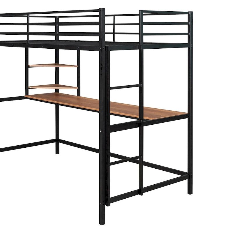 Black Twin Size Metal Loft Bed with Desk, Ladder, and Shelves for Kids