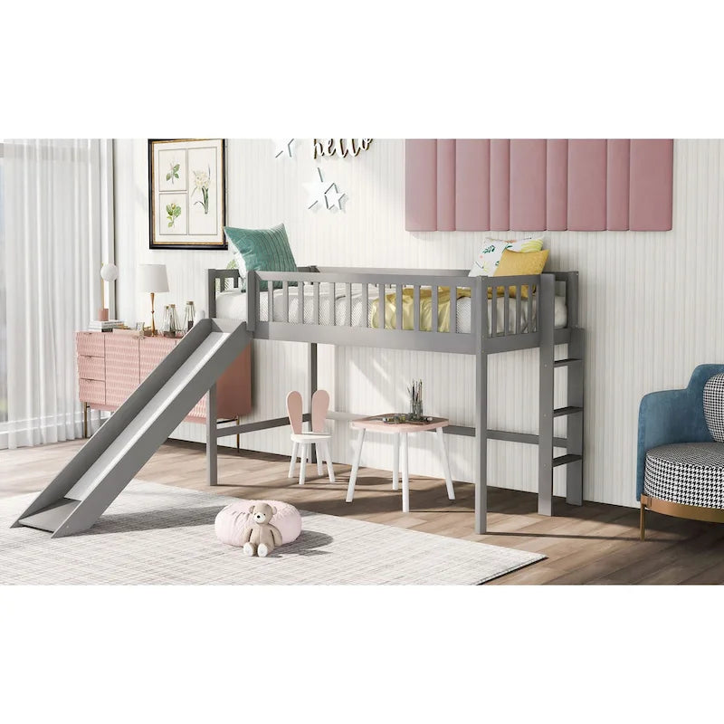 Gray Twin Size Wood Low Loft Bed with Ladder and Slide for Kids, Boys and Girls