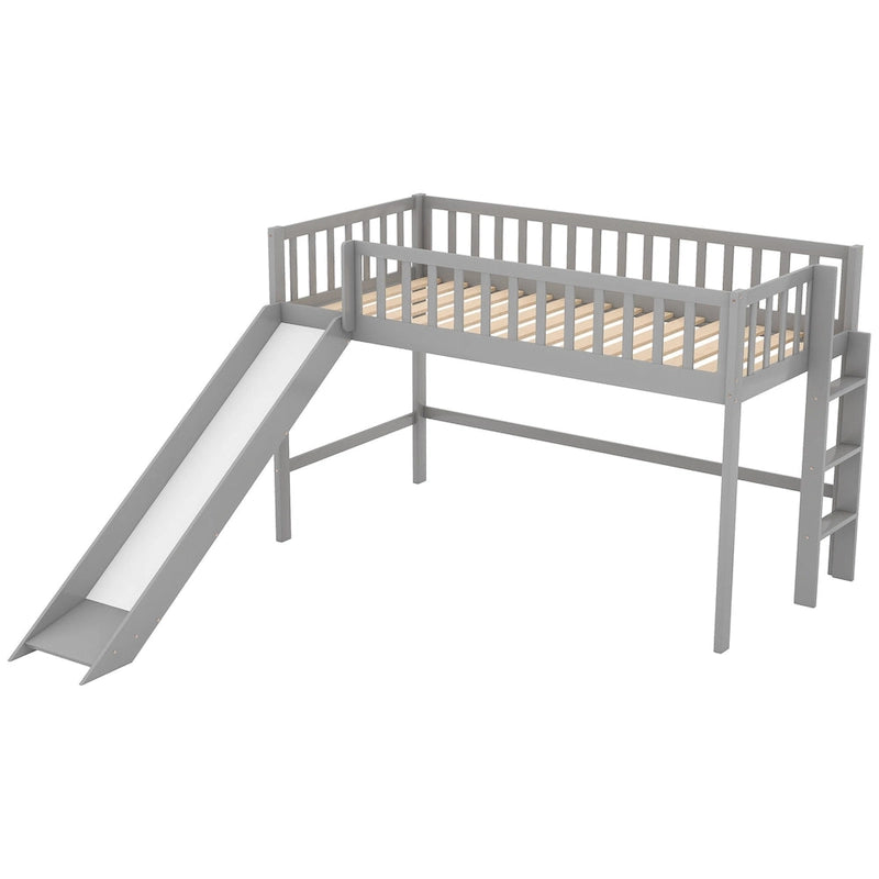 Gray Twin Size Wood Low Loft Bed with Ladder and Slide for Kids, Boys and Girls