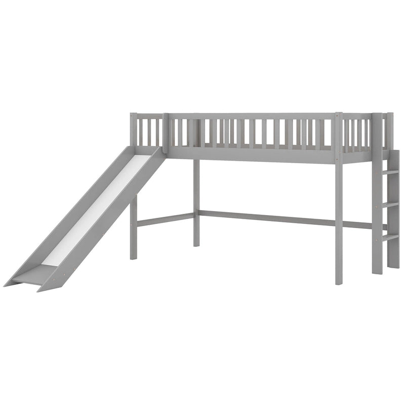 Gray Twin Size Wood Low Loft Bed with Ladder and Slide for Kids, Boys and Girls