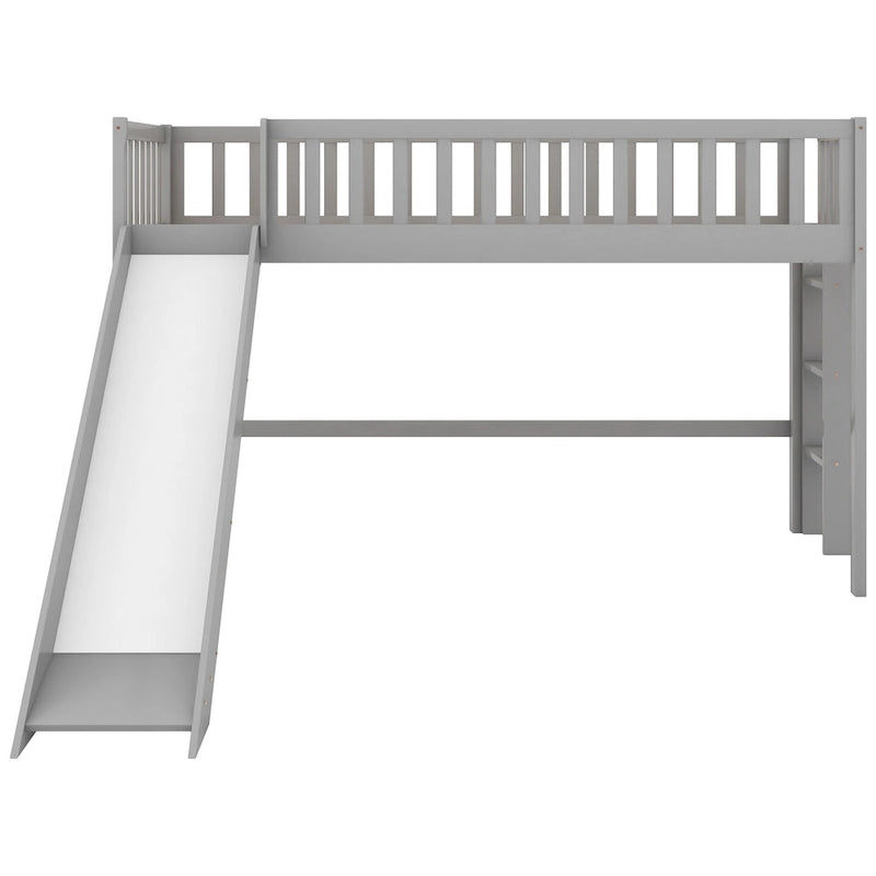 Gray Twin Size Wood Low Loft Bed with Ladder and Slide for Kids, Boys and Girls