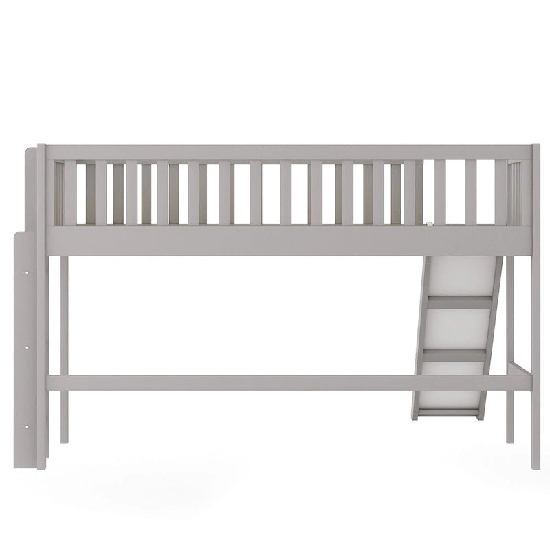 Gray Twin Size Wood Low Loft Bed with Ladder and Slide for Kids, Boys and Girls