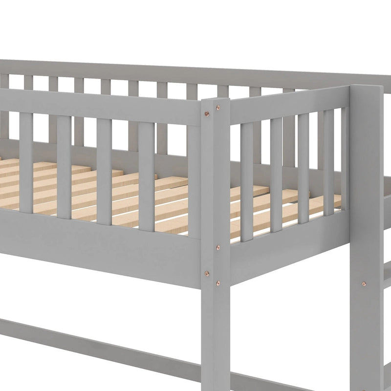 Gray Twin Size Wood Low Loft Bed with Ladder and Slide for Kids, Boys and Girls
