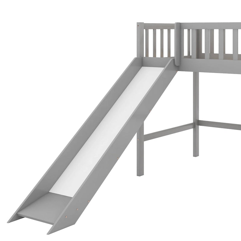 Gray Twin Size Wood Low Loft Bed with Ladder and Slide for Kids, Boys and Girls
