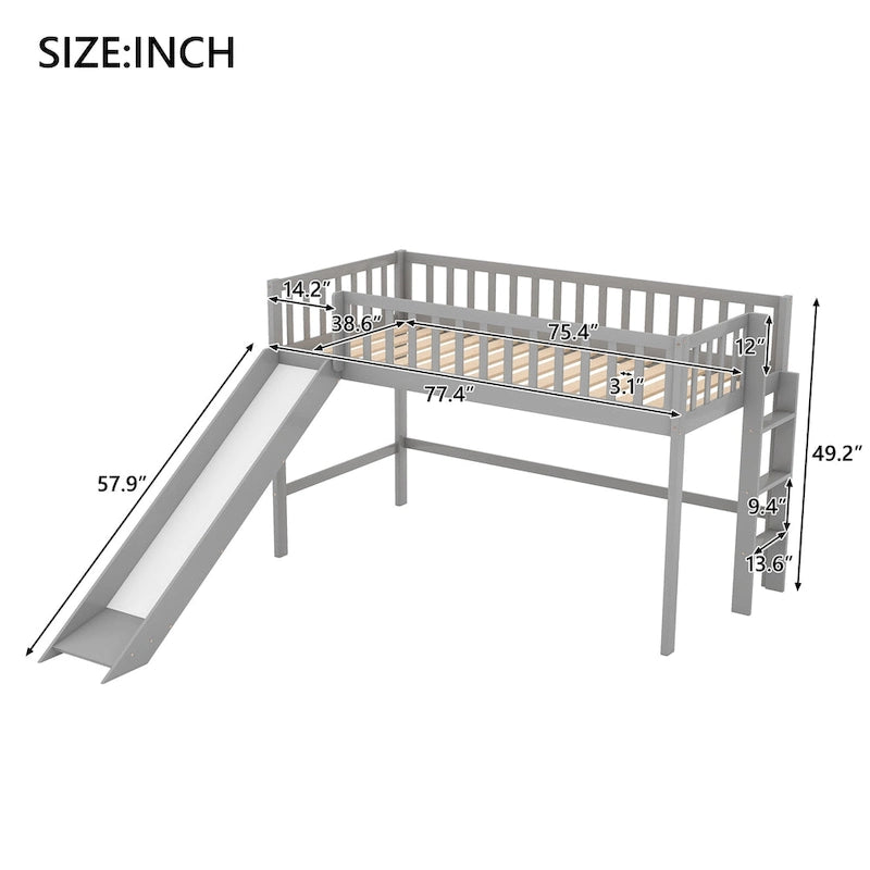 Gray Twin Size Wood Low Loft Bed with Ladder and Slide for Kids, Boys and Girls