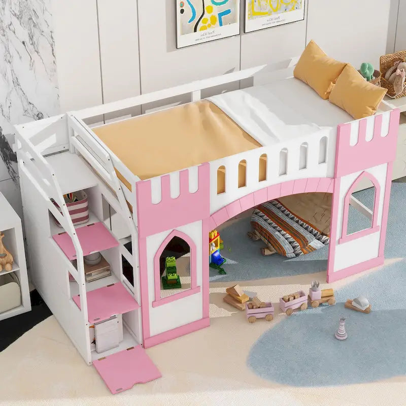 Pink Solid Wood Loft Bed with Storage Staircase and Window