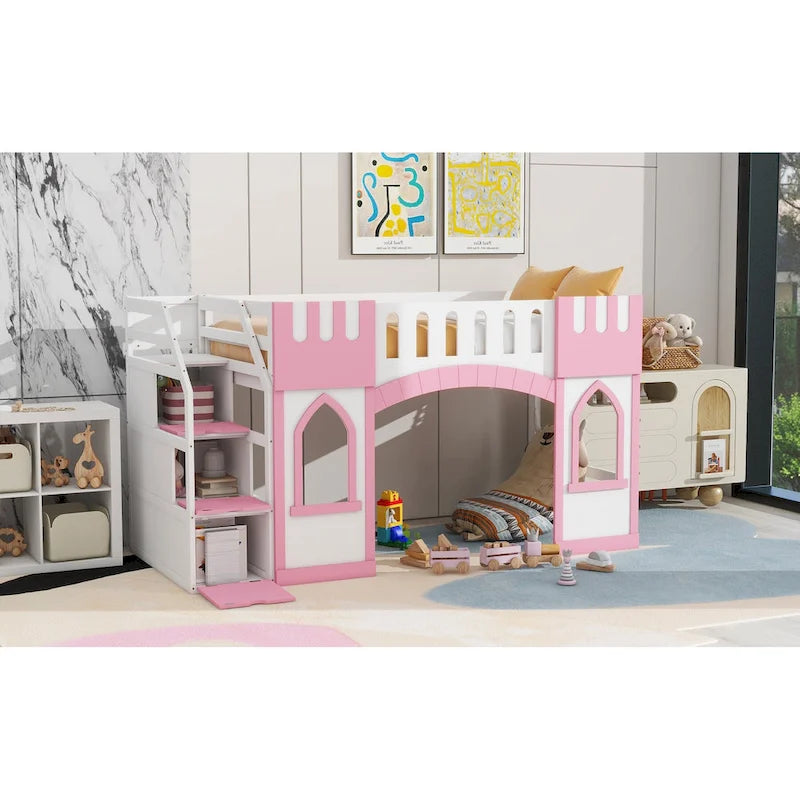 Pink Solid Wood Loft Bed with Storage Staircase and Window