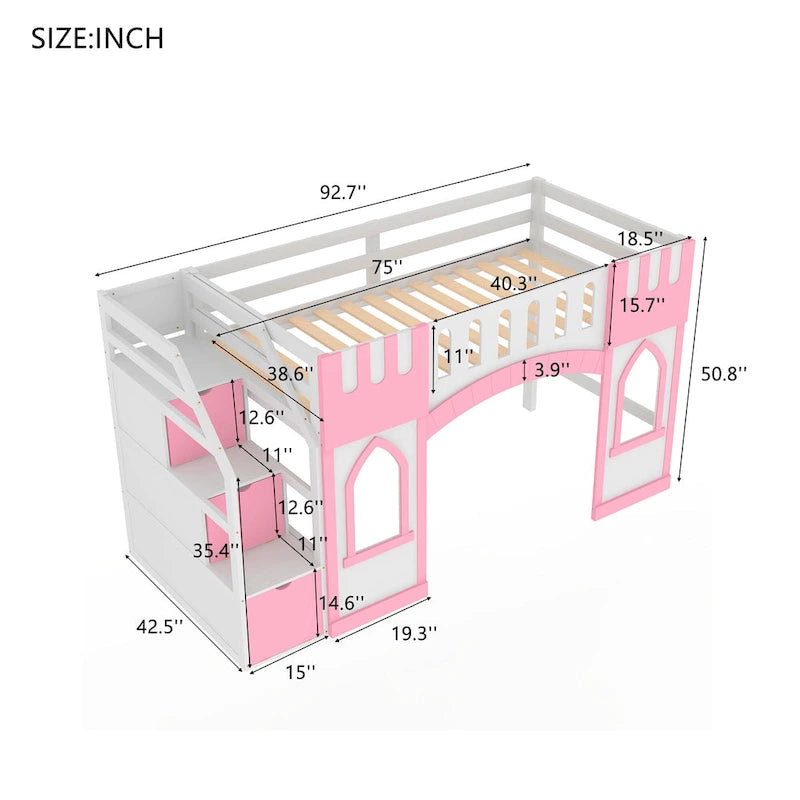 Pink Solid Wood Loft Bed with Storage Staircase and Window