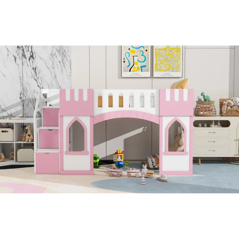 Pink Solid Wood Loft Bed with Storage Staircase and Window