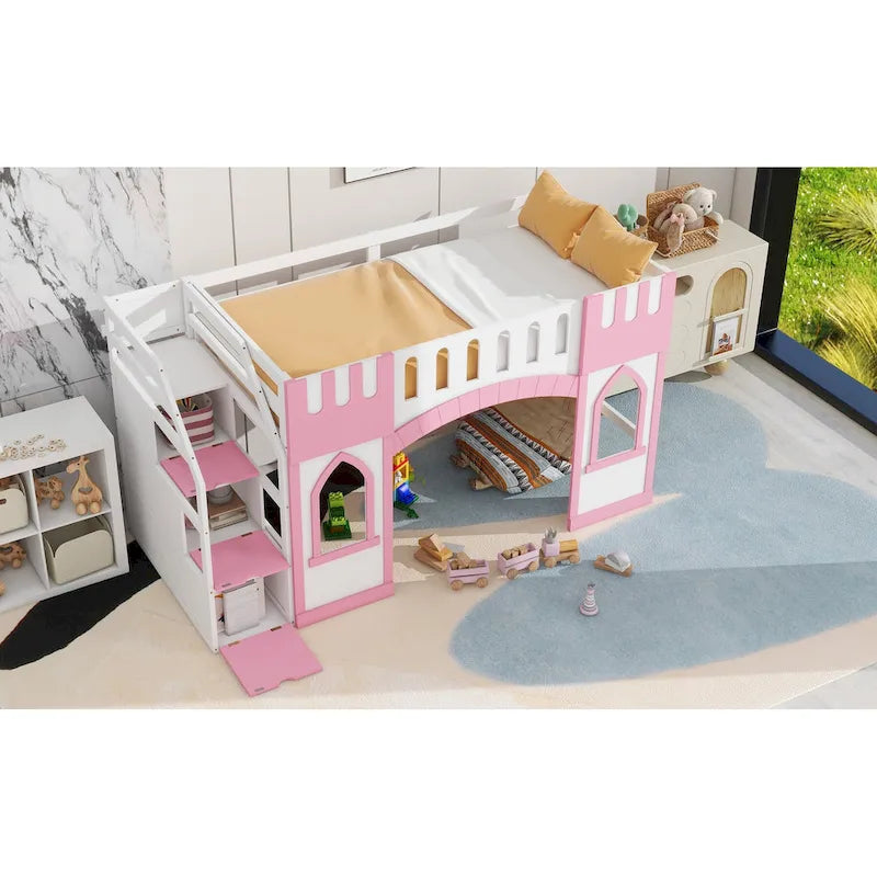 Pink Solid Wood Loft Bed with Storage Staircase and Window
