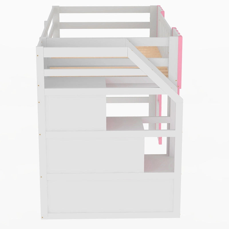 Pink Solid Wood Loft Bed with Storage Staircase and Window