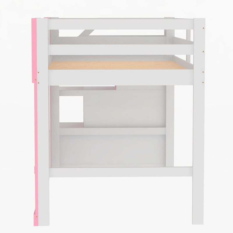 Pink Solid Wood Loft Bed with Storage Staircase and Window