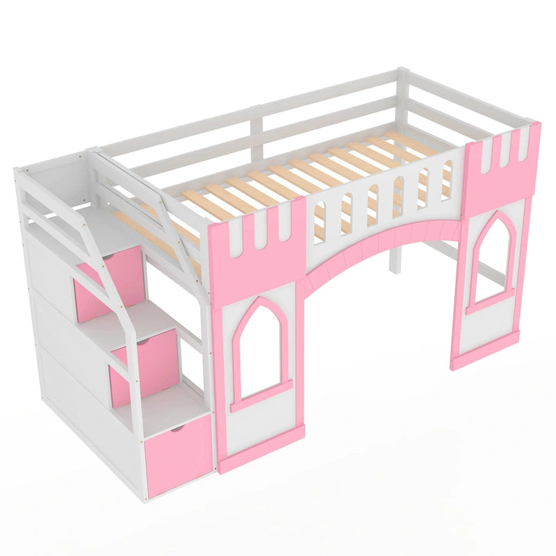 Pink Solid Wood Loft Bed with Storage Staircase and Window