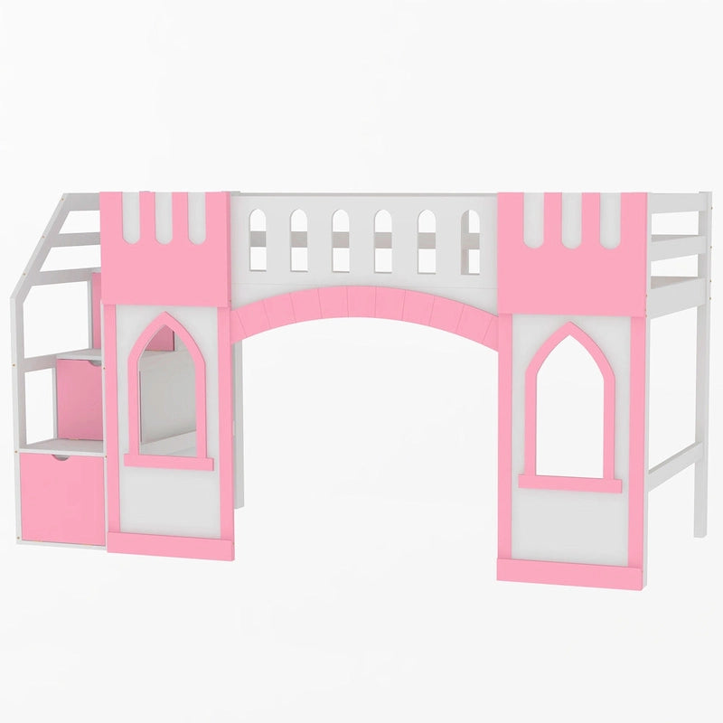 Pink Solid Wood Loft Bed with Storage Staircase and Window