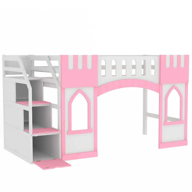 Pink Solid Wood Loft Bed with Storage Staircase and Window