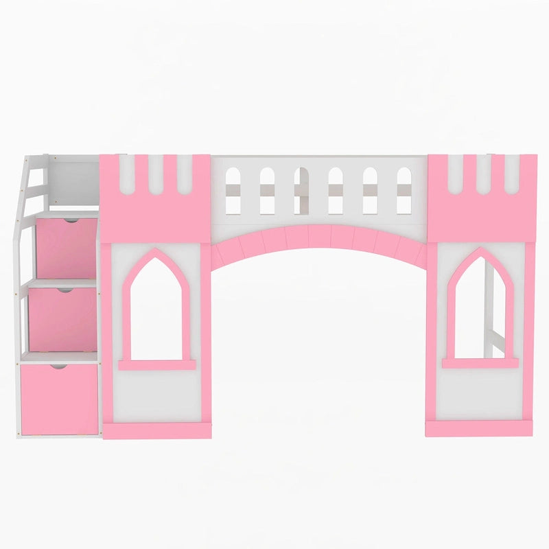 Pink Solid Wood Loft Bed with Storage Staircase and Window