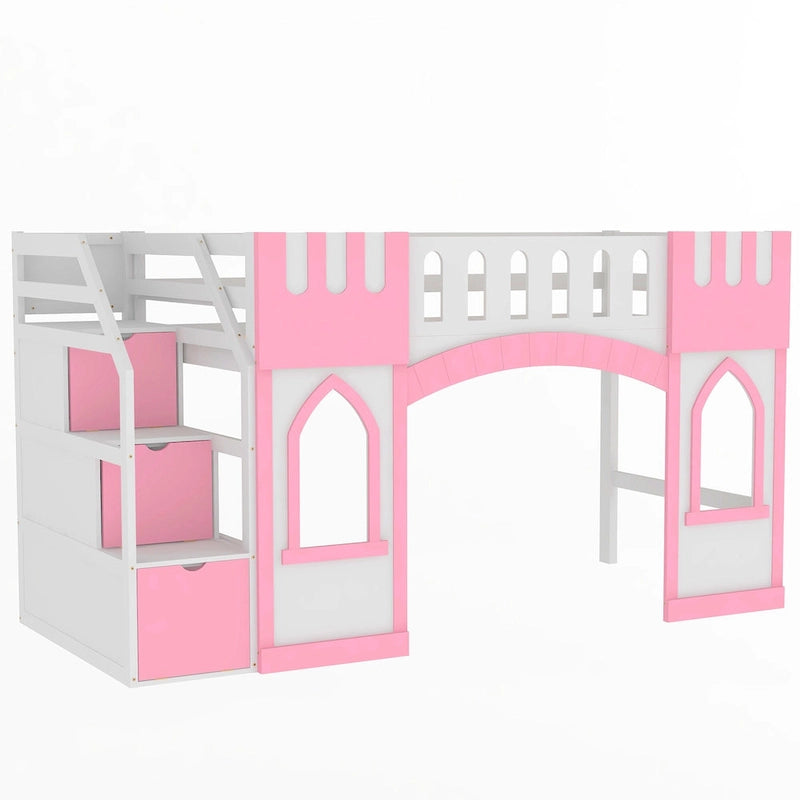 Pink Solid Wood Loft Bed with Storage Staircase and Window