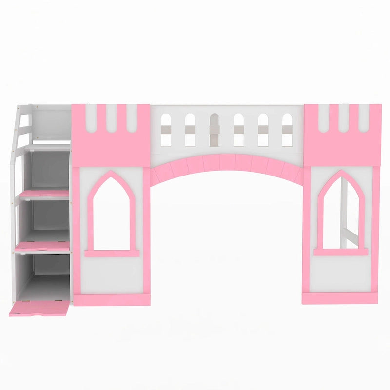 Pink Solid Wood Loft Bed with Storage Staircase and Window