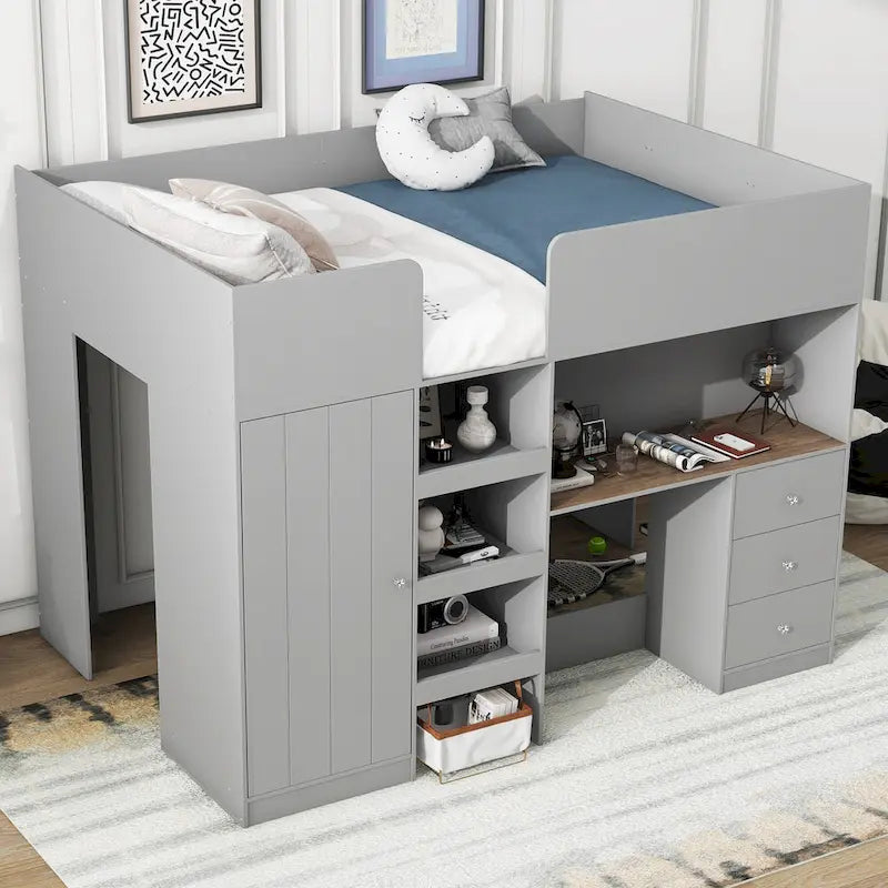 Grey Full Size Solid Wood Loft Bed with Built-in Wardrobe, Desk, and Shelves
